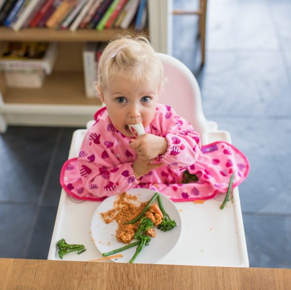 Tidy Tot Kit de bandeja de destete Tapete que se acopla directamente a la  trona y babero con mangas, ideal para evitar engorros en las comidas :  : Bebé
